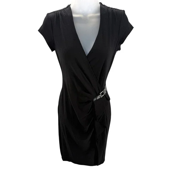 Cache Black Buckle Detail Cap Sleeve Womens Stretch Dress Small - Picture 1 of 8